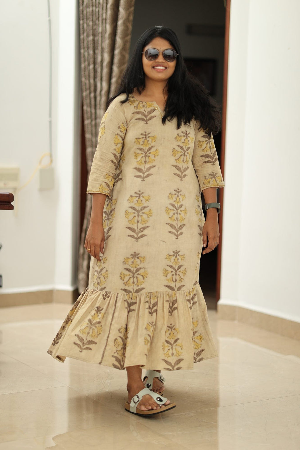 Beige floral block-print 30+ office kurta dress, full front view