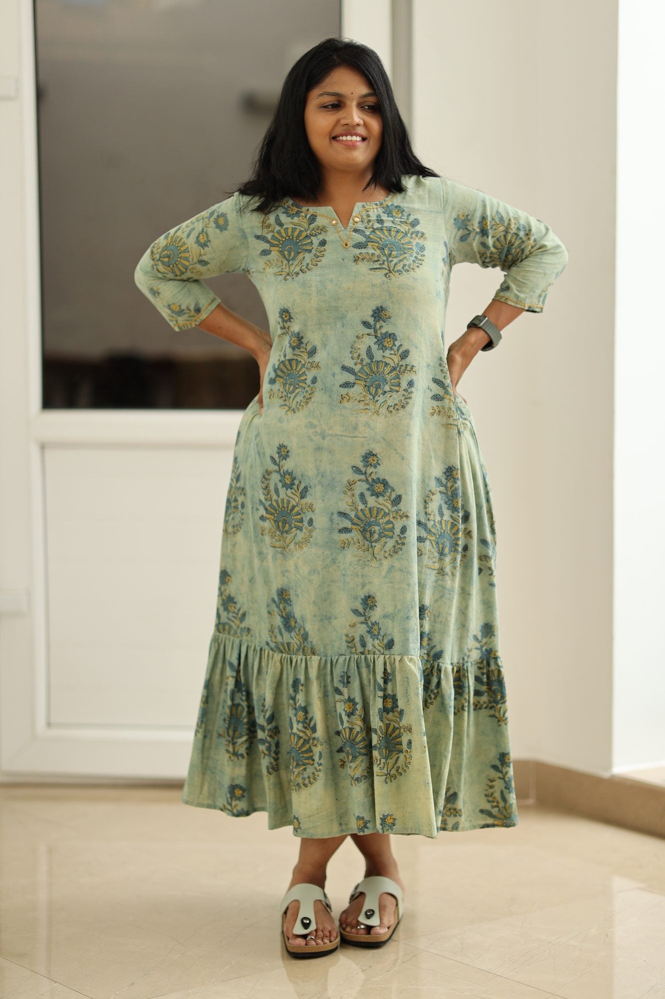 Sage green floral block-print 30+ office kurta dress, front view