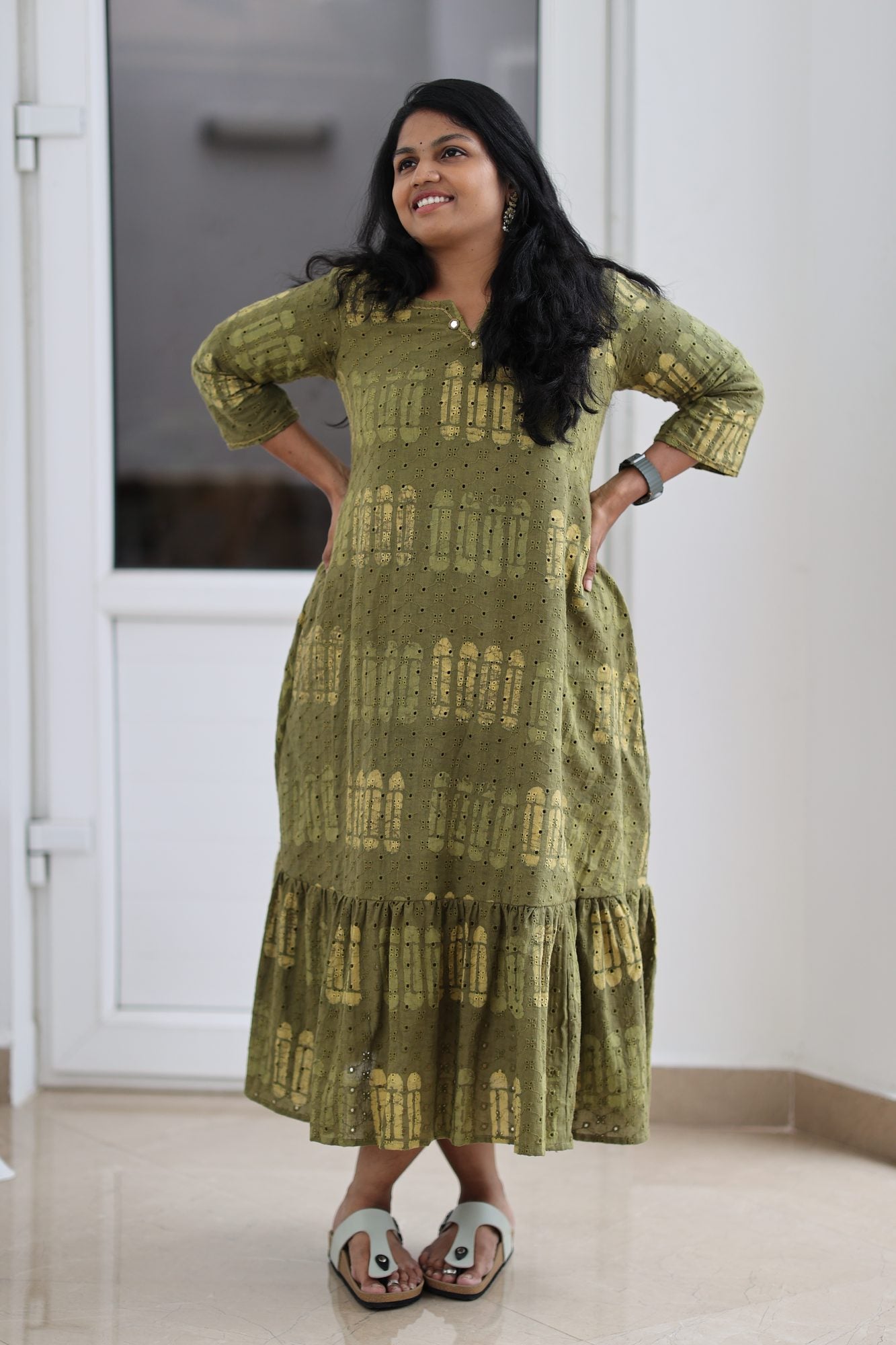 Olive green Hakoba cotton 30+ office kurta dress, front view with smile