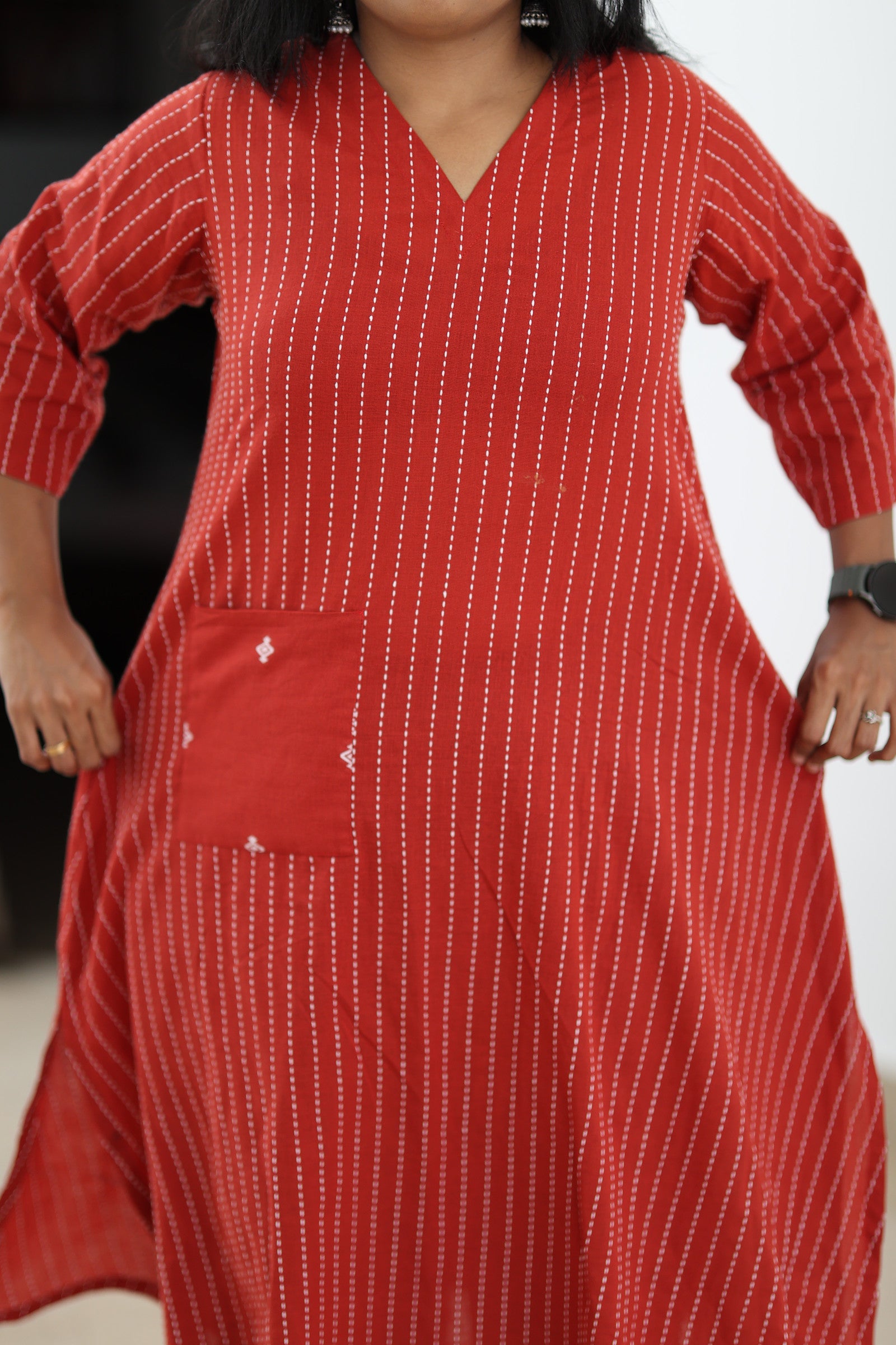 Relaxed 30+ fit of red striped office kurta through bust and body