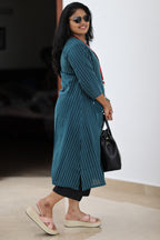 Side fit and longline length of teal striped 30+ office kurta