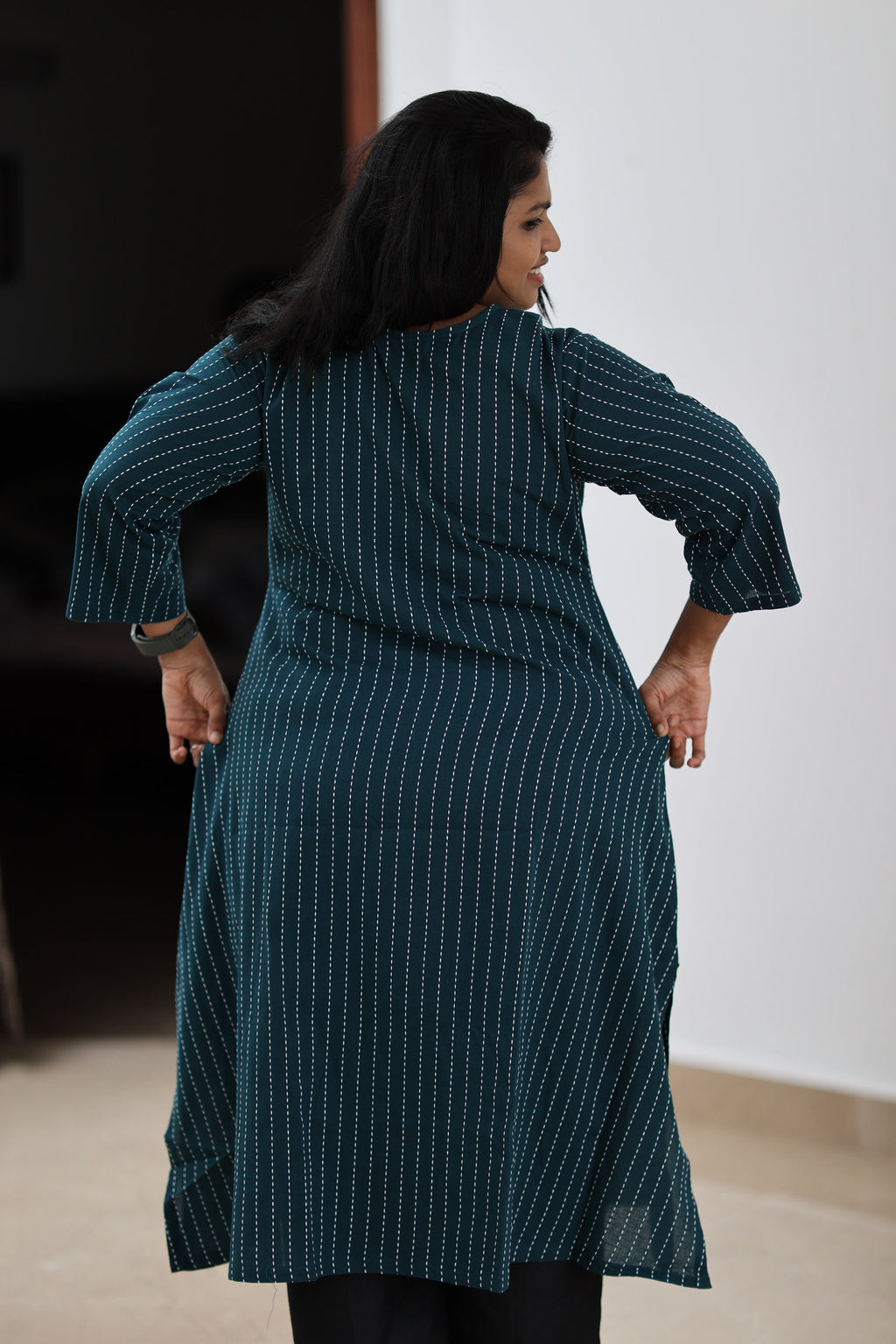 Back fit of teal striped 30+ office kurta