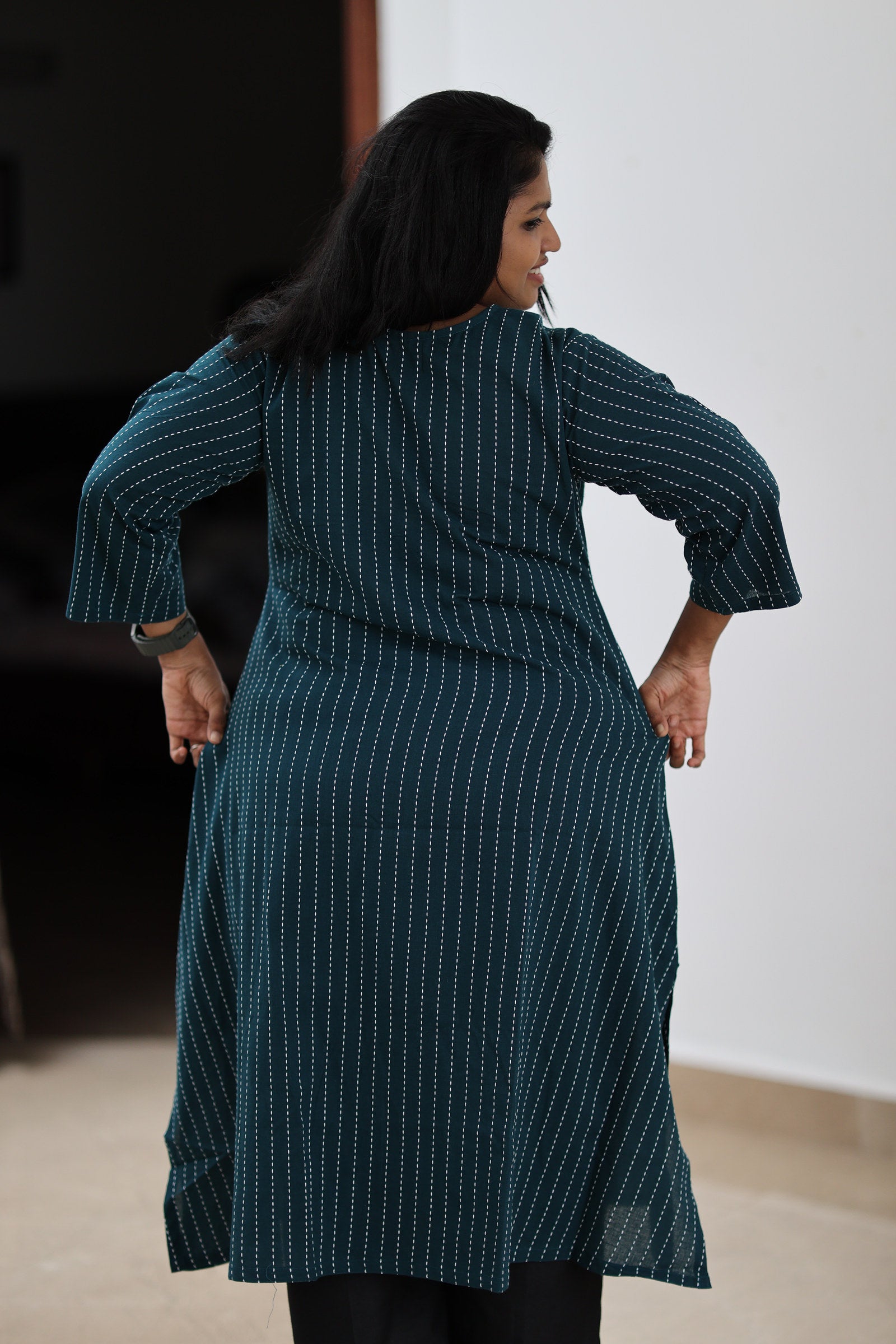 Back fit of teal striped 30+ office kurta