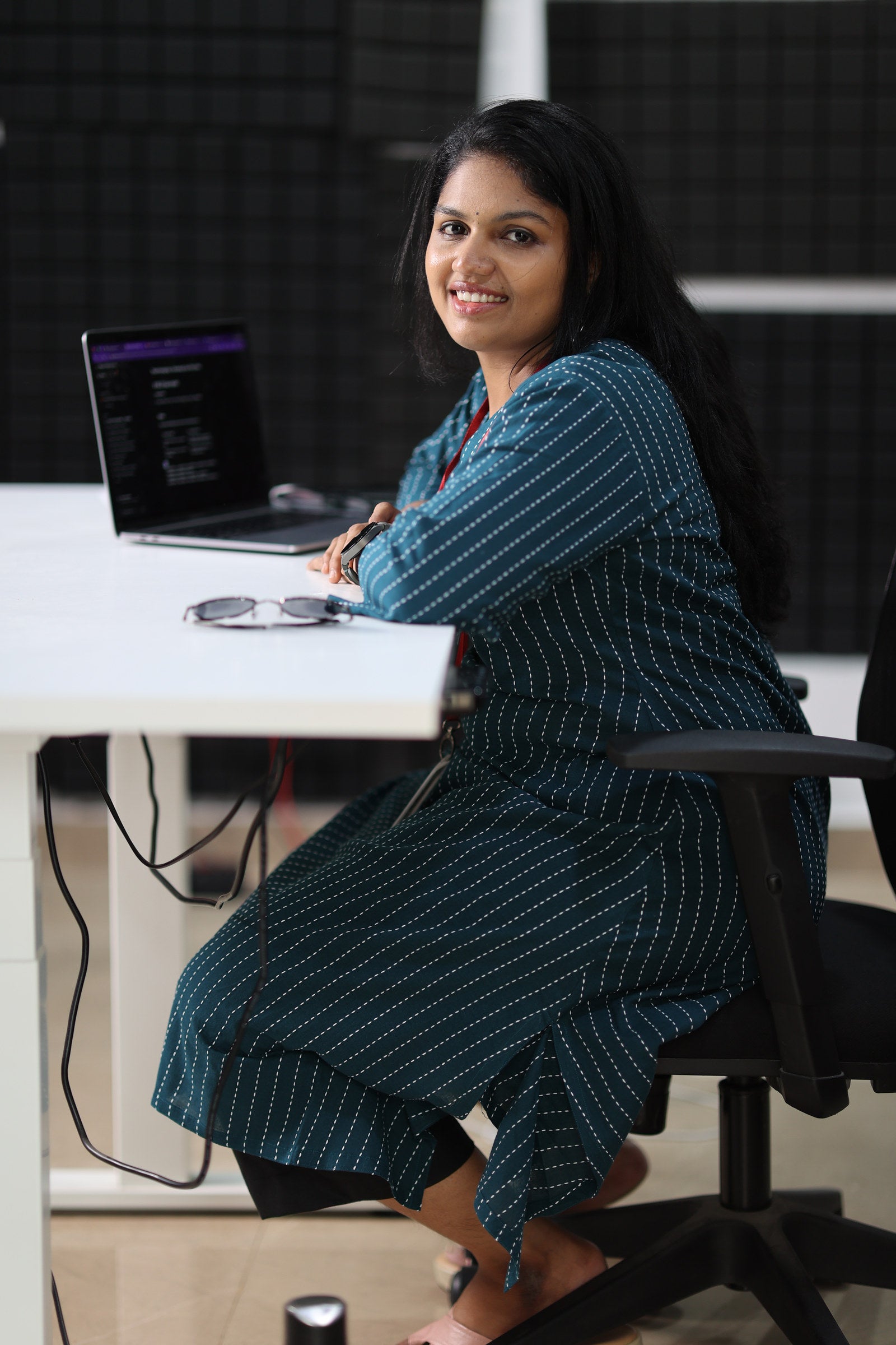 Seated office comfort in teal striped 30+ kurta