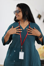 Teal striped 30+ office kurta neckline and pocket styling