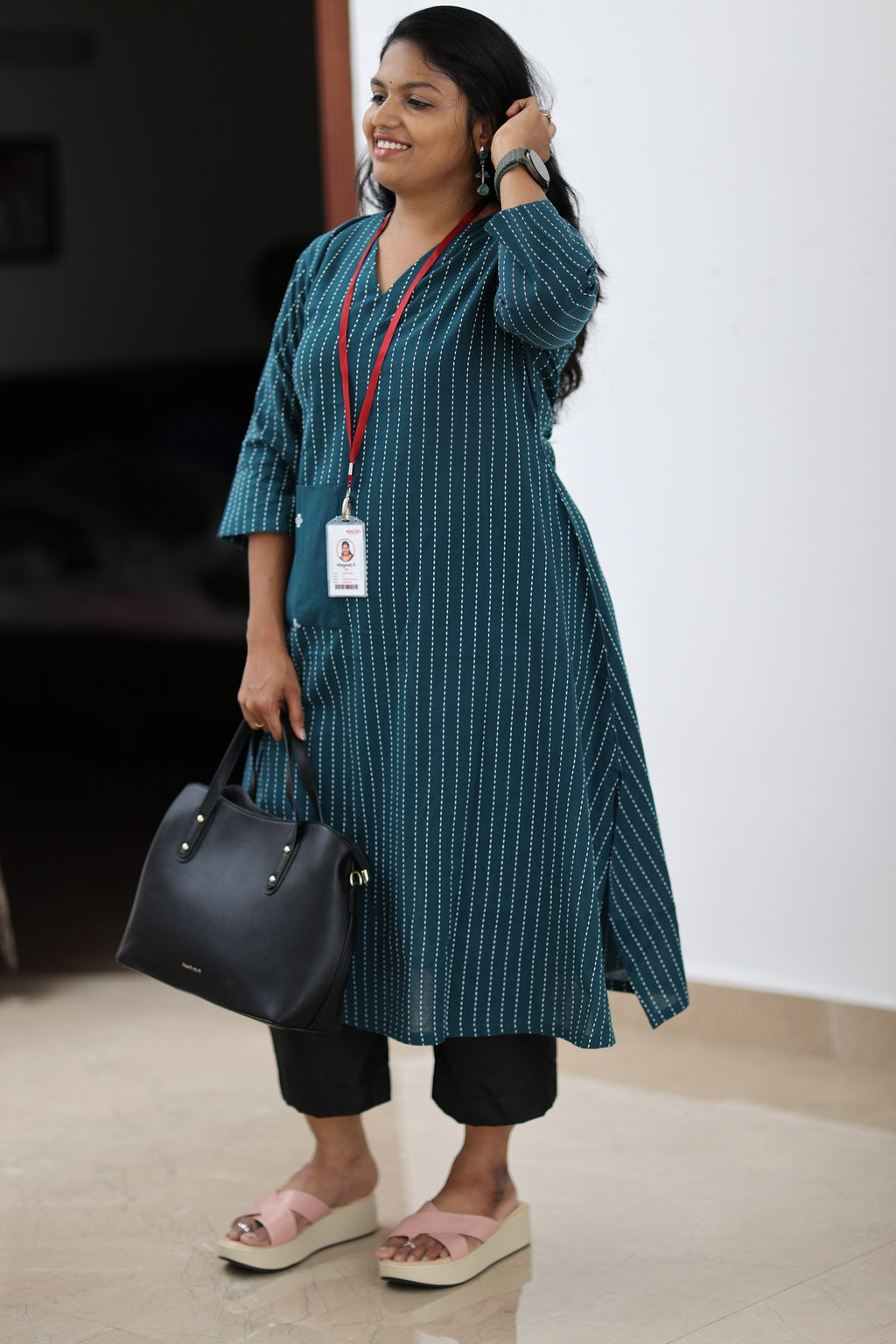 Full-length teal striped 30+ office kurta with work bag