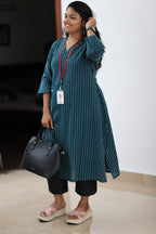 Full-length teal striped 30+ office kurta with work bag
