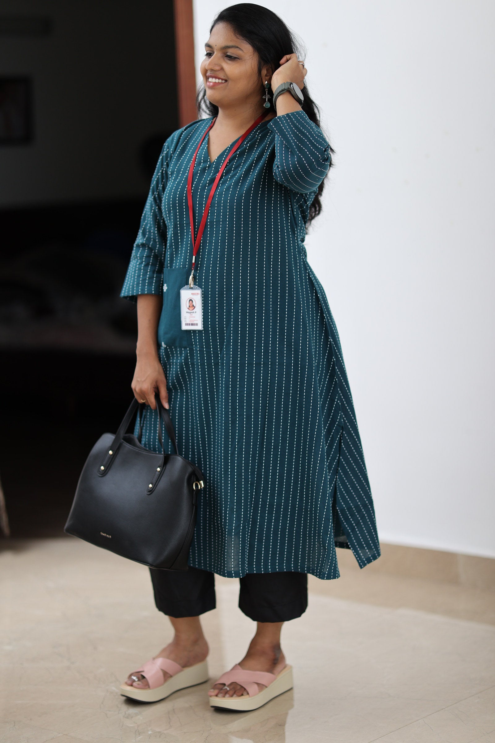 Full-length teal striped 30+ office kurta with work bag