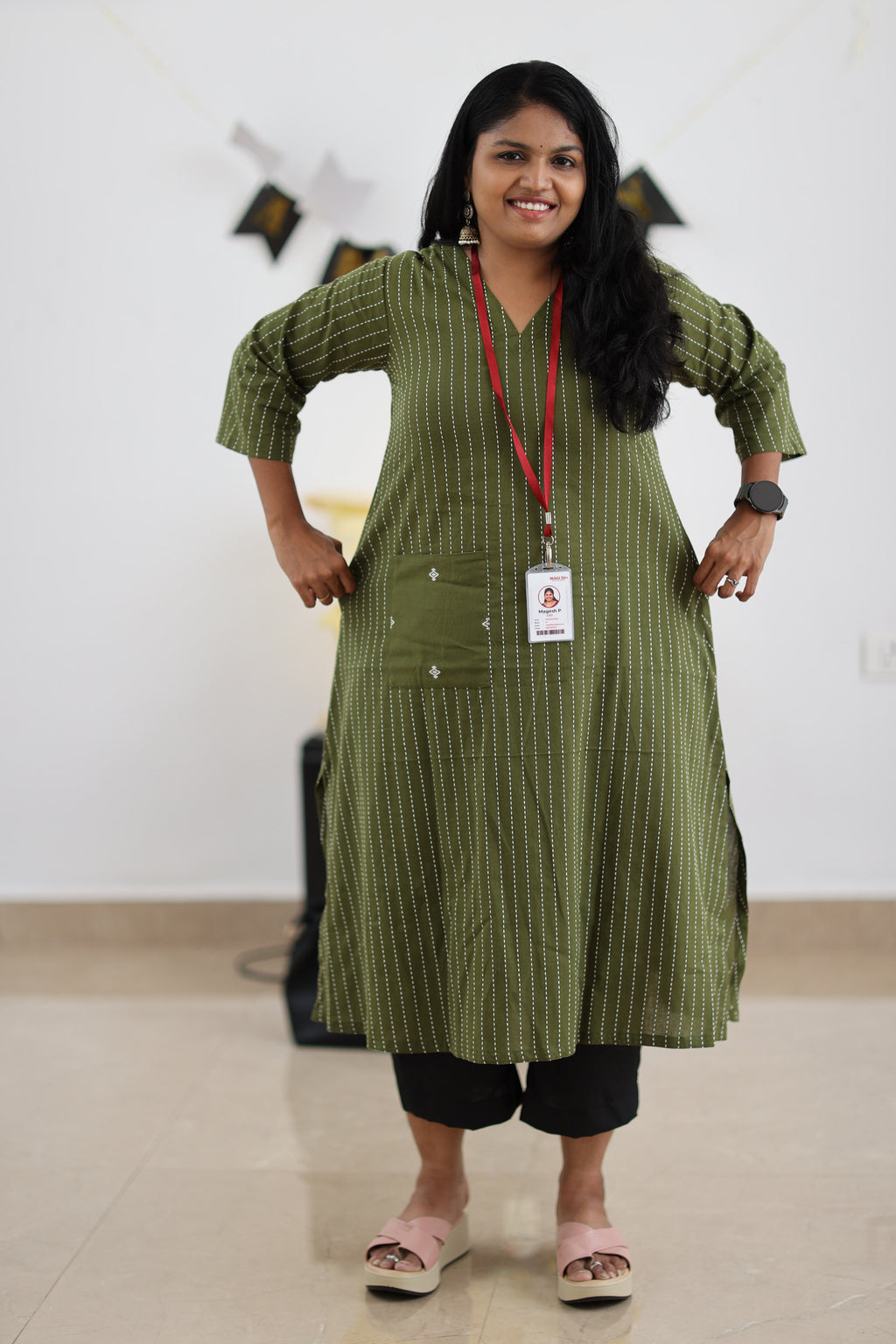 Relaxed movement fit of olive striped 30+ office kurta