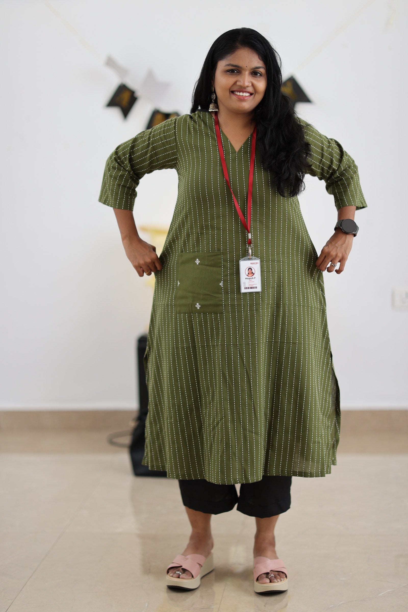 Relaxed movement fit of olive striped 30+ office kurta