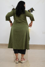 Back fit of olive striped 30+ office kurta
