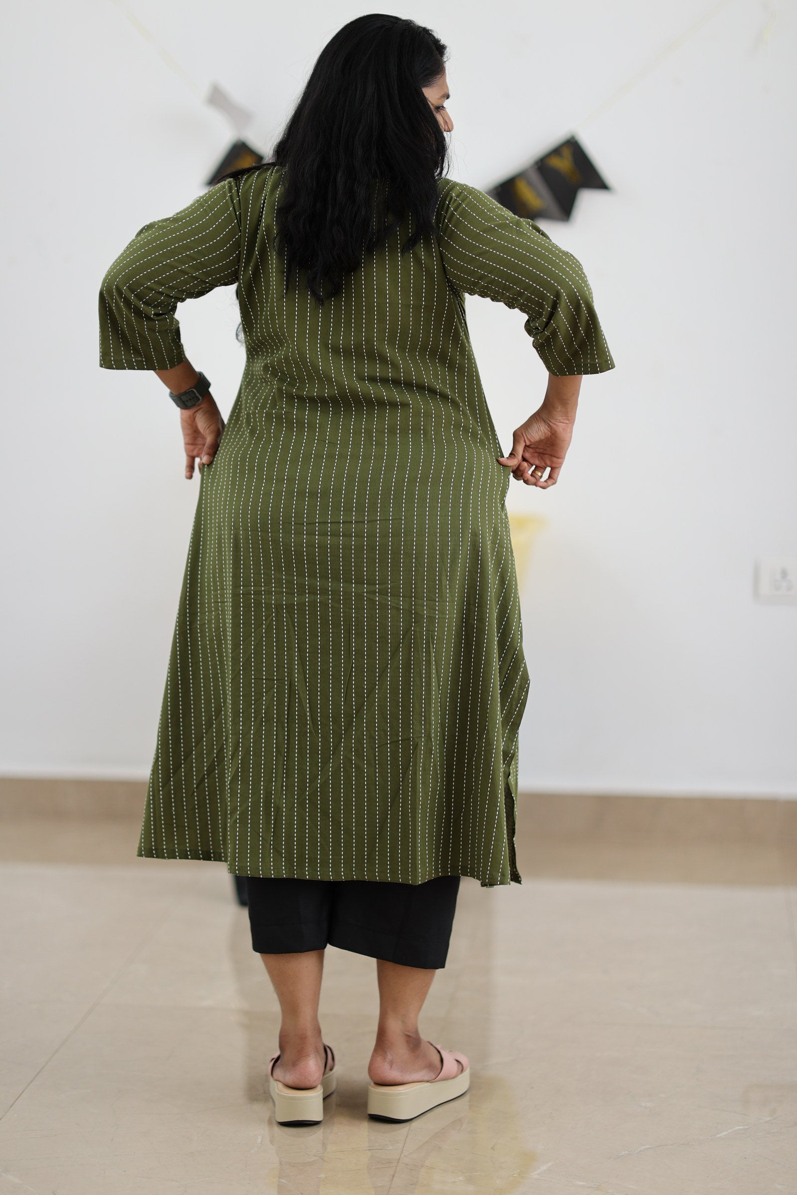 Back fit of olive striped 30+ office kurta