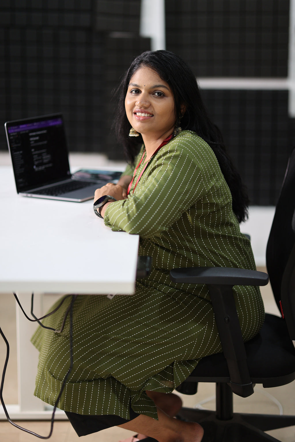 Seated office comfort in olive striped 30+ kurta