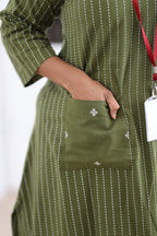 Statement pocket detail on olive striped office kurta