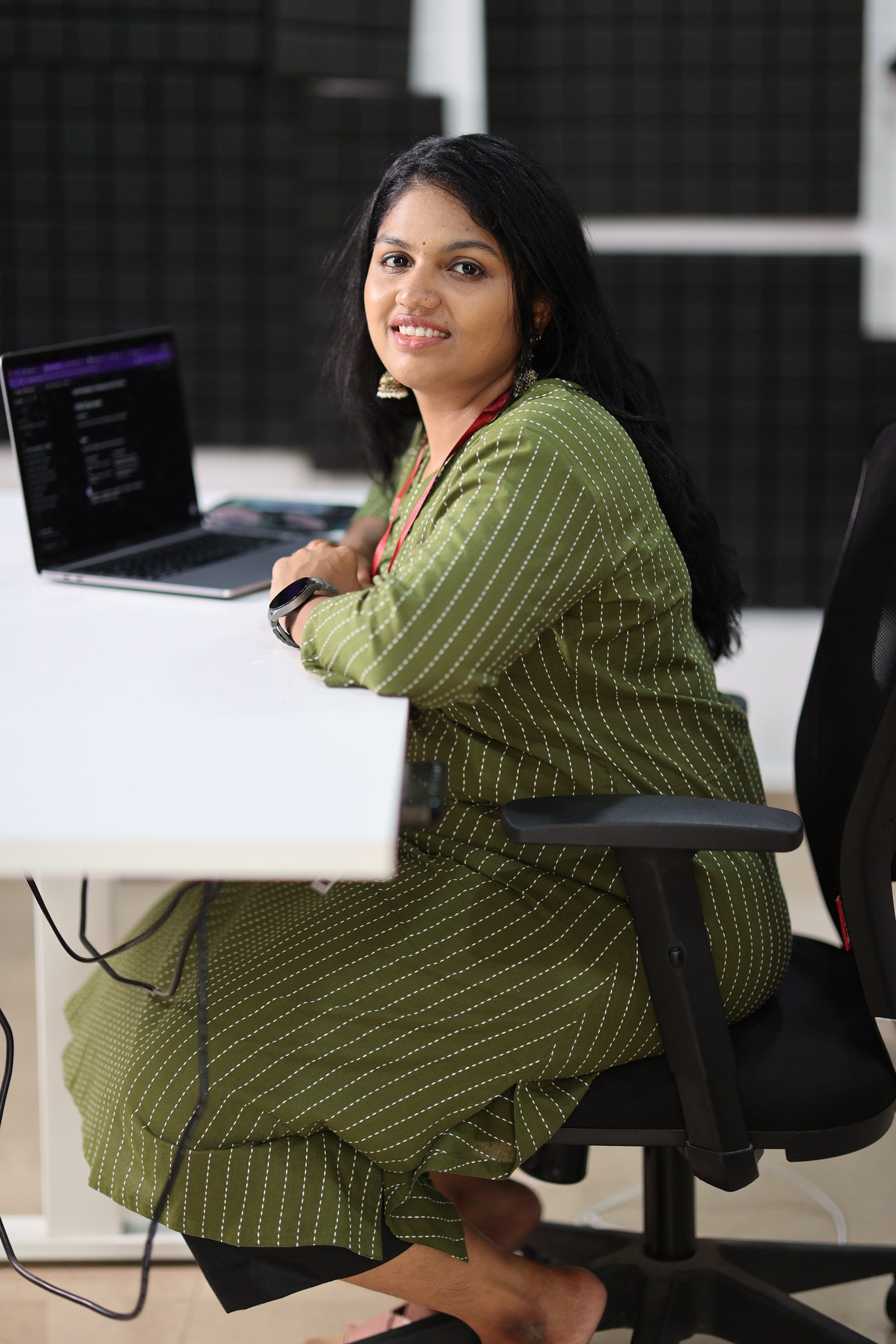 Seated side fit of olive striped 30+ office kurta