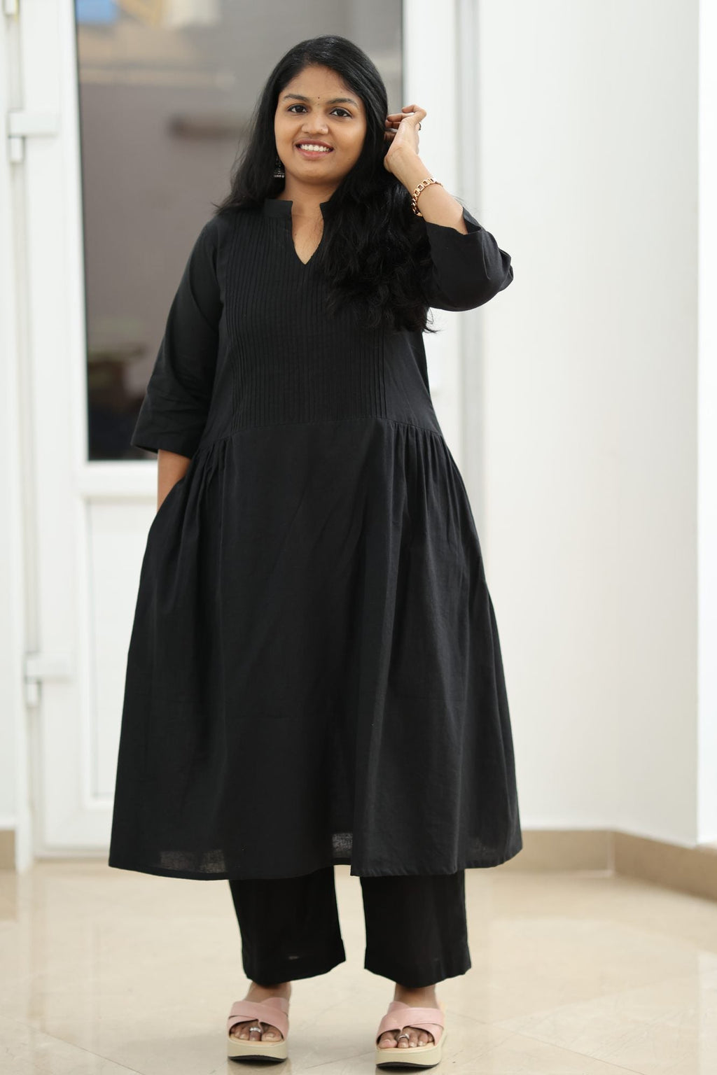 Black pintuck 30+ office kurta set MAGI0009 - front view