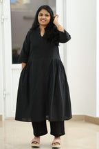 Black pintuck 30+ office kurta set MAGI0009 - front view