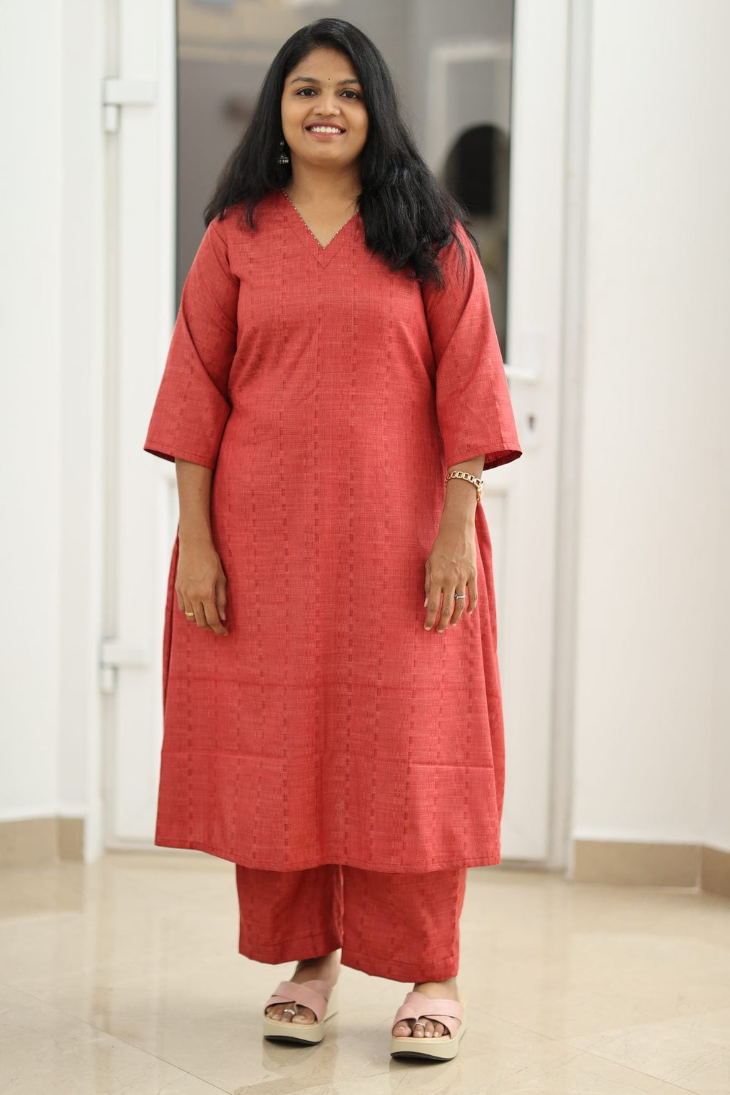 Brick Red Textured 30+ Women Everyday Office Kurta (Top + Bottom) | MAGI0010