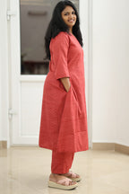 Brick Red Textured 30+ Women Everyday Office Kurta (Top + Bottom) | MAGI0010