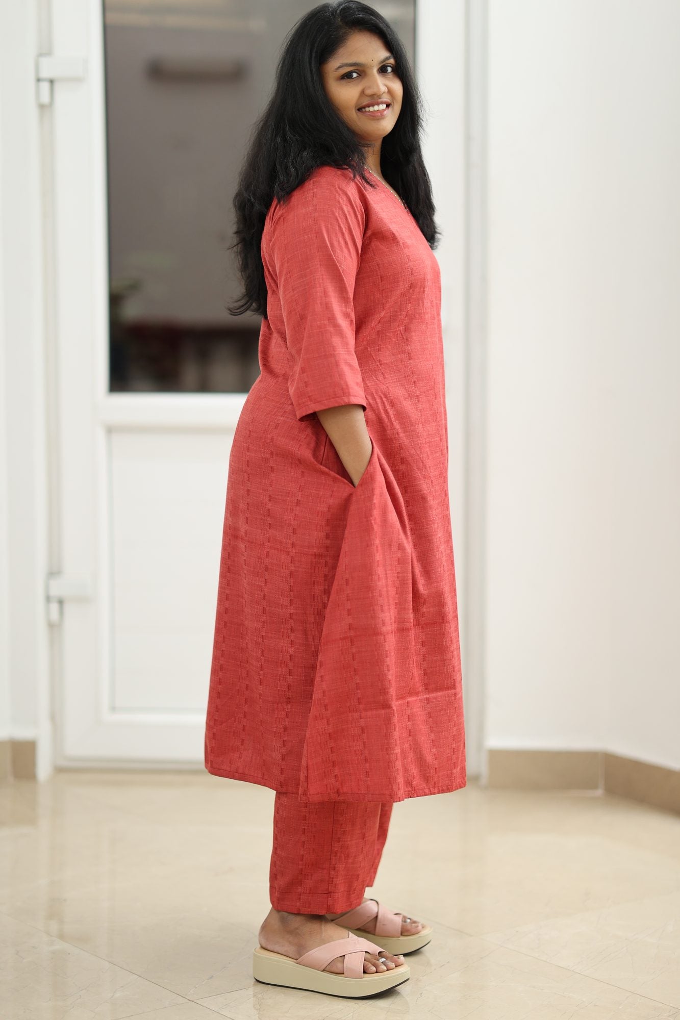 Brick Red Textured 30+ Women Everyday Office Kurta (Top + Bottom) | MAGI0010