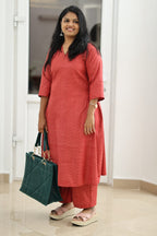 Brick Red Textured 30+ Women Everyday Office Kurta (Top + Bottom) | MAGI0010