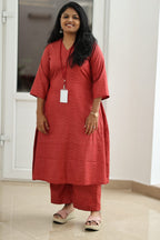 Brick Red Textured 30+ Women Everyday Office Kurta (Top + Bottom) | MAGI0010