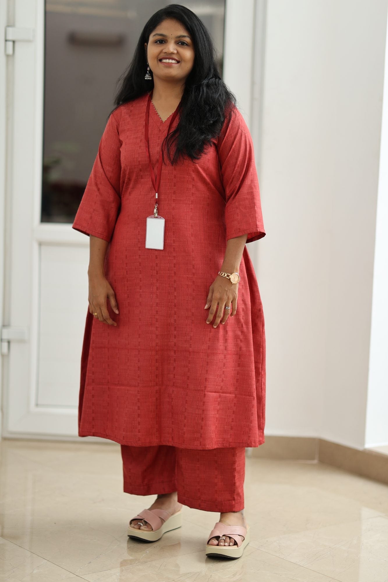 Brick Red Textured 30+ Women Everyday Office Kurta (Top + Bottom) | MAGI0010