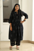 Black Dabu block print 30+ office kurta set MAGI0011 - front view