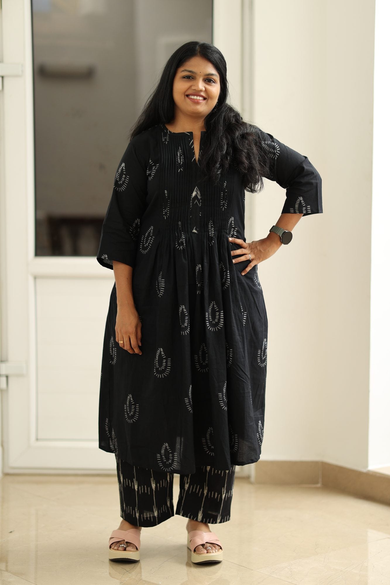 Black Dabu block print 30+ office kurta set MAGI0011 - front view