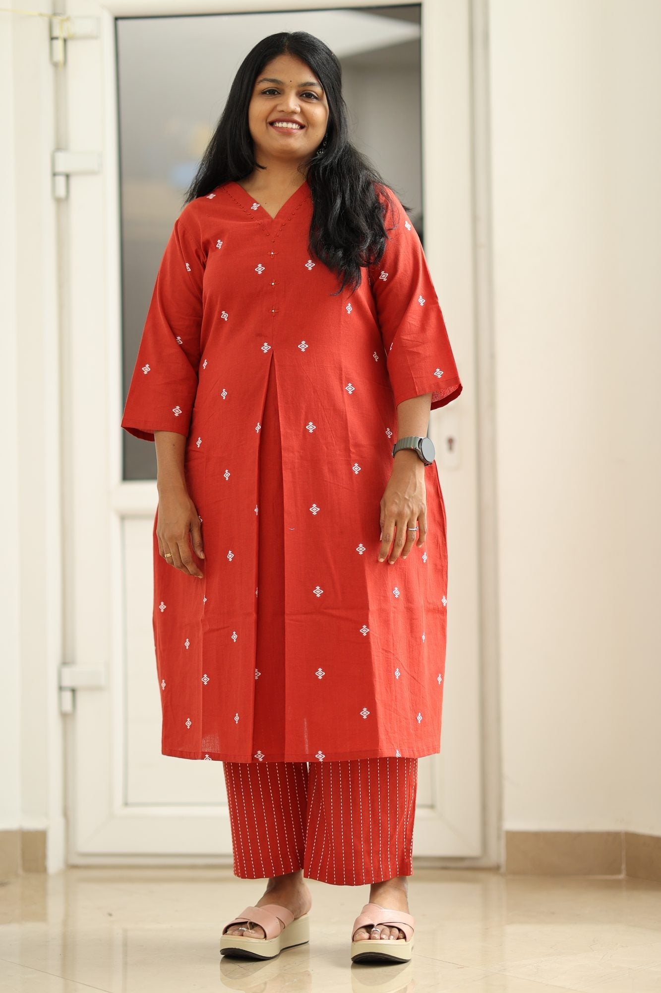 Red Woven Butta 30+ Women Everyday Office Kurta (Top + Bottom) | MAGI0012