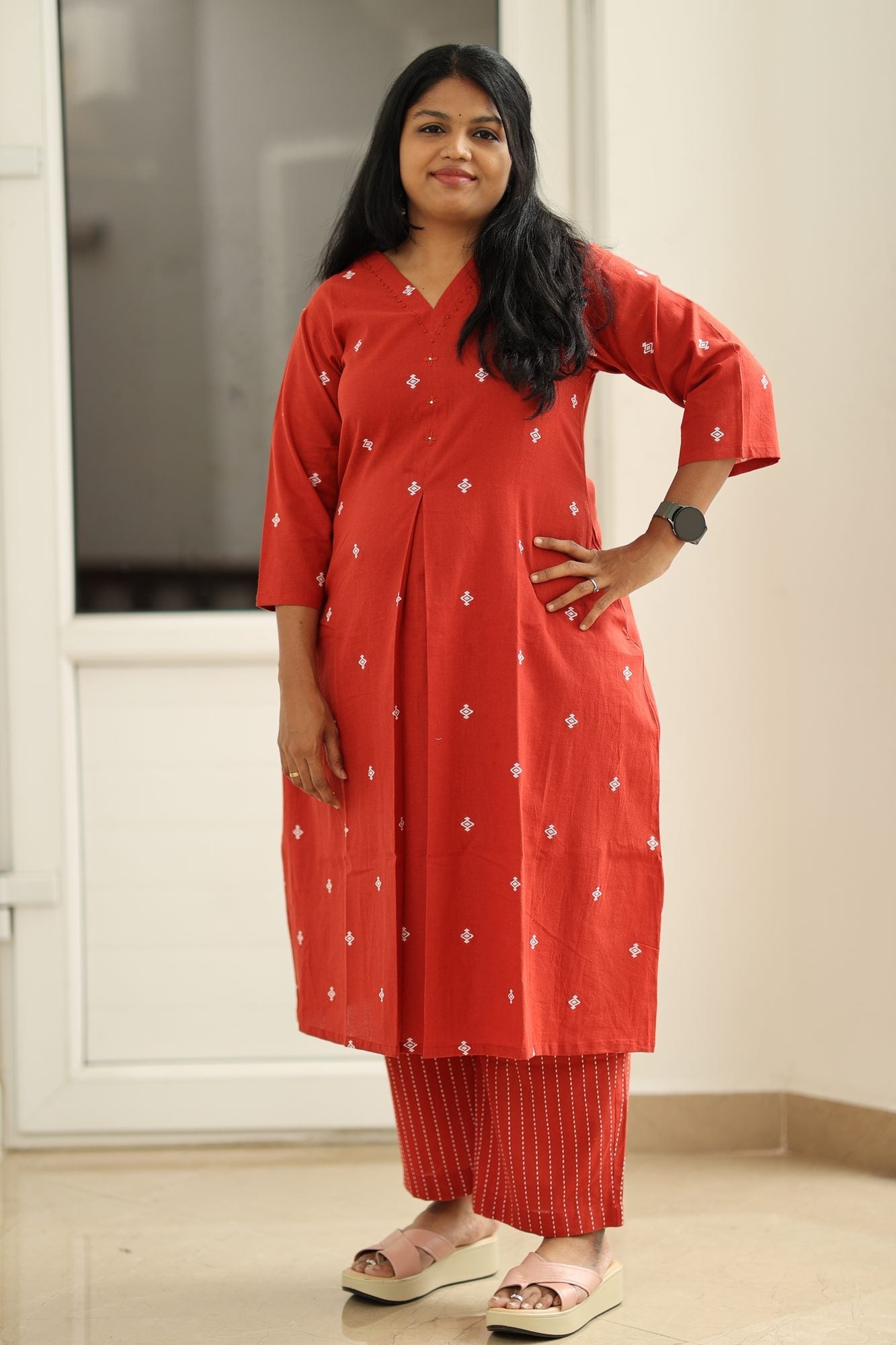 Red Woven Butta 30+ Women Everyday Office Kurta (Top + Bottom) | MAGI0012