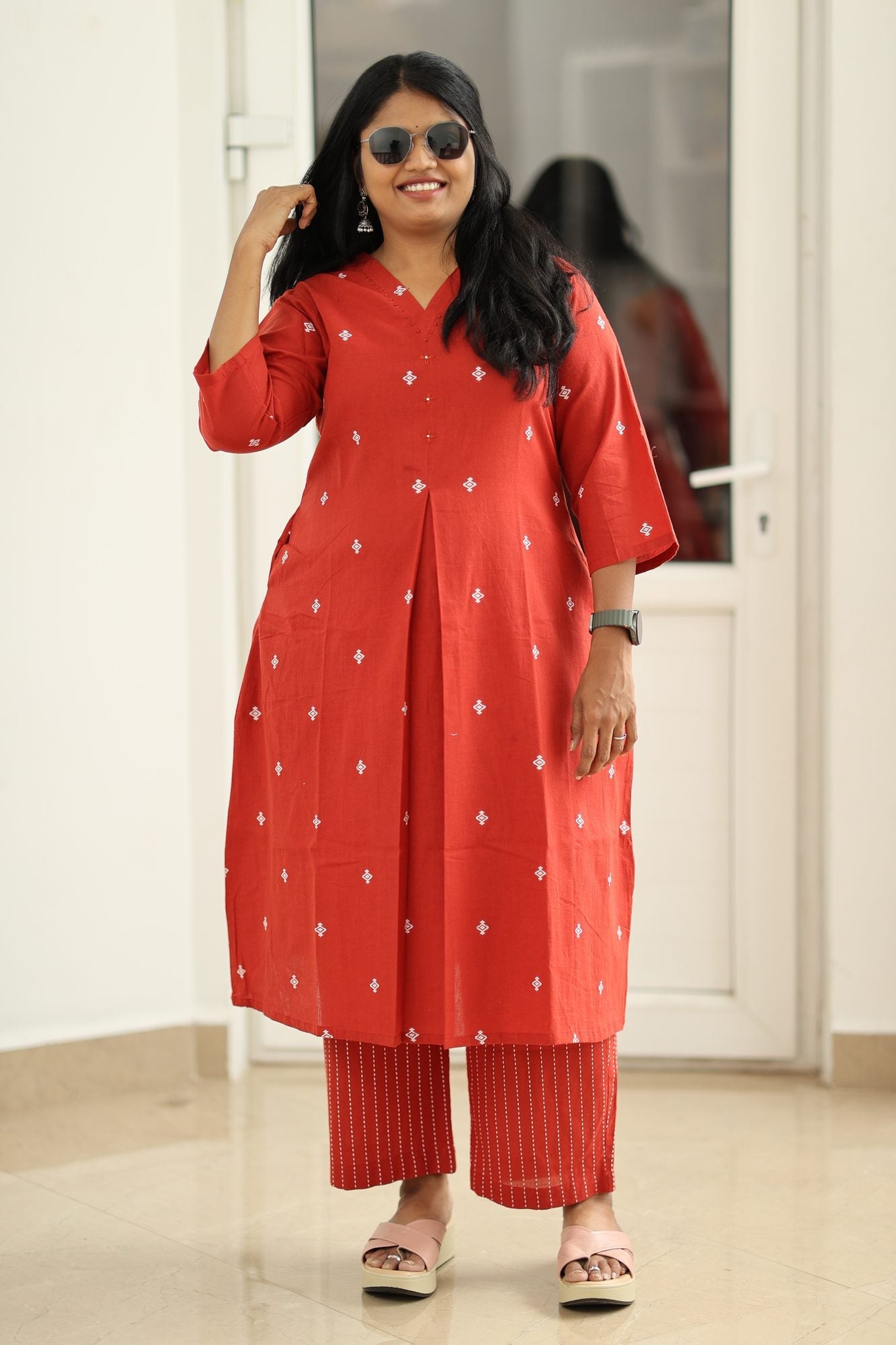 Red Woven Butta 30+ Women Everyday Office Kurta (Top + Bottom) | MAGI0012