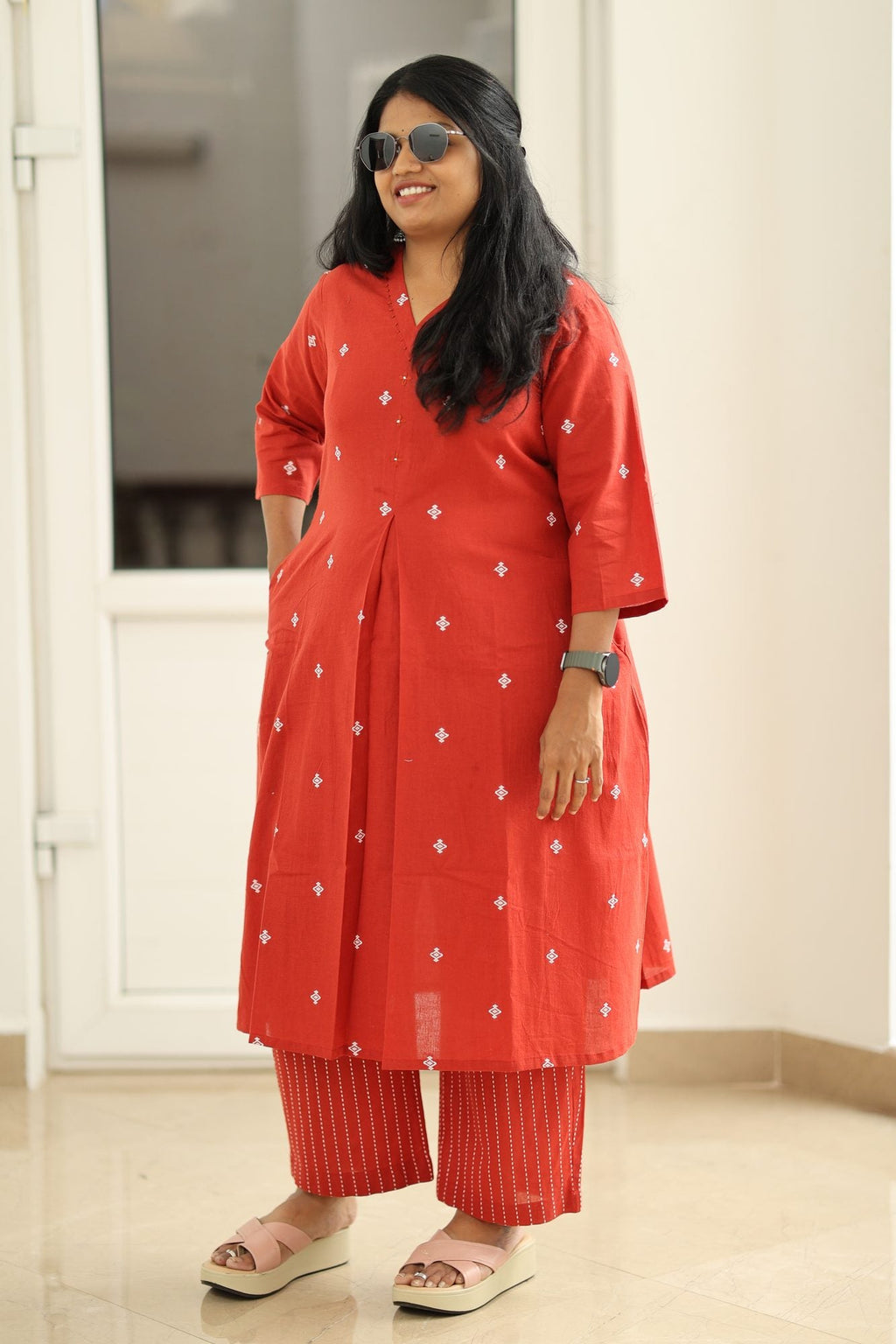 Red Woven Butta 30+ Women Everyday Office Kurta (Top + Bottom) | MAGI0012