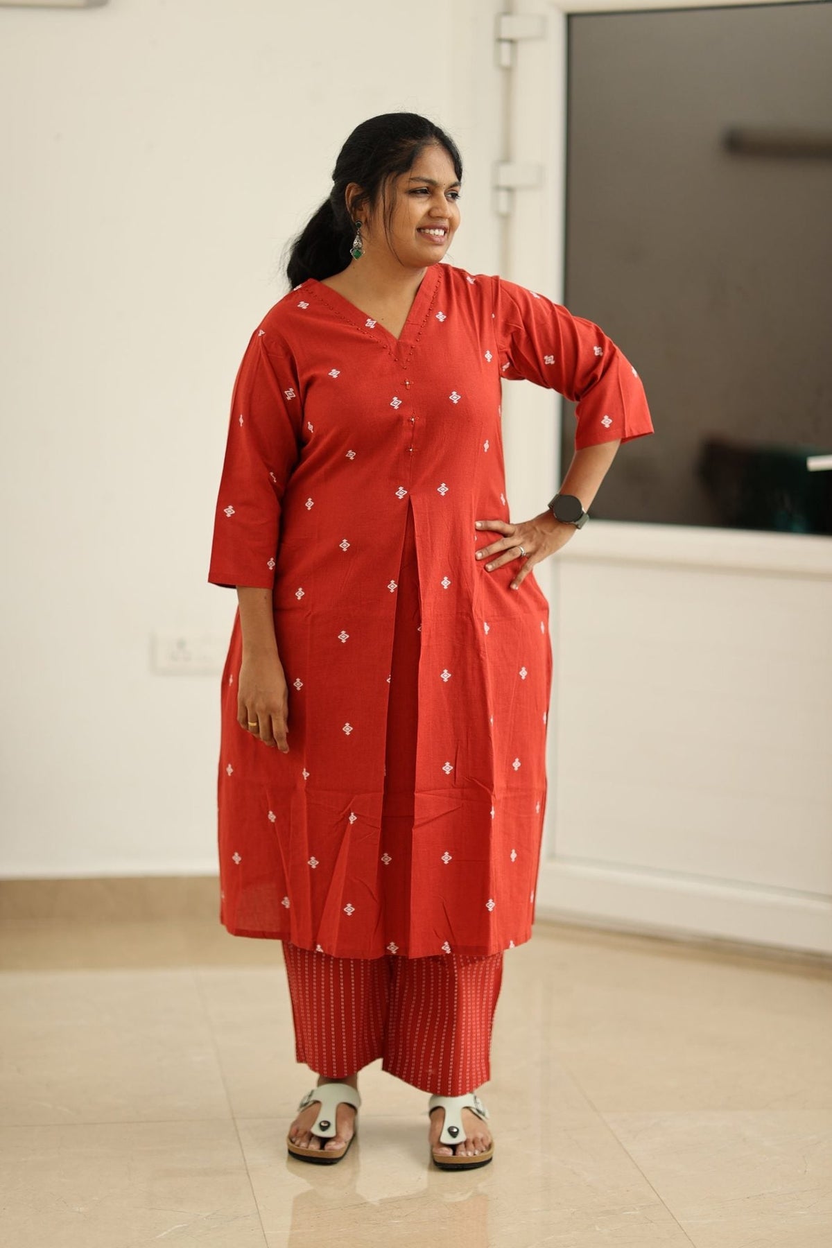 Red Woven Butta 30+ Women Everyday Office Kurta (Top + Bottom) | MAGI0012
