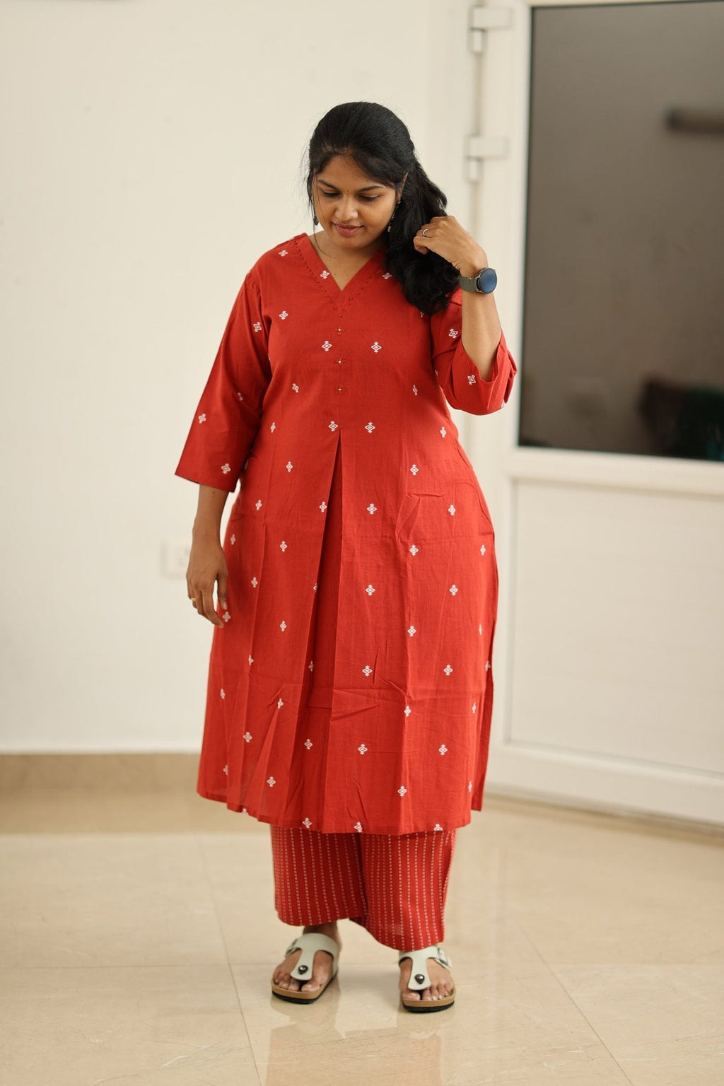 Red Woven Butta 30+ Women Everyday Office Kurta (Top + Bottom) | MAGI0012