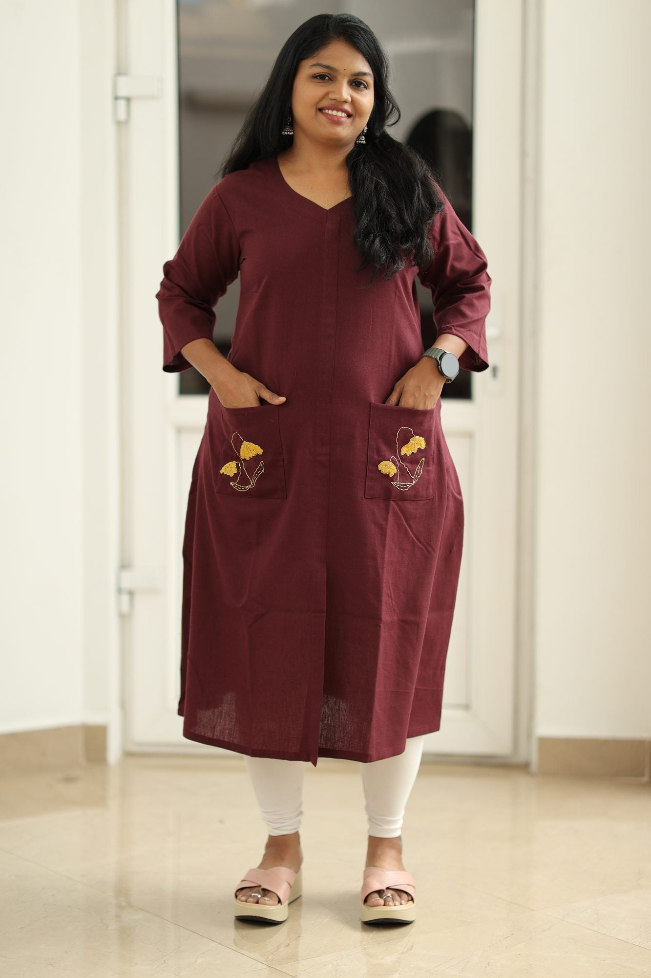 Maroon Hand-Embroidered Floral 30+ Women Everyday Office Kurta (Top Only) | MAGI0013