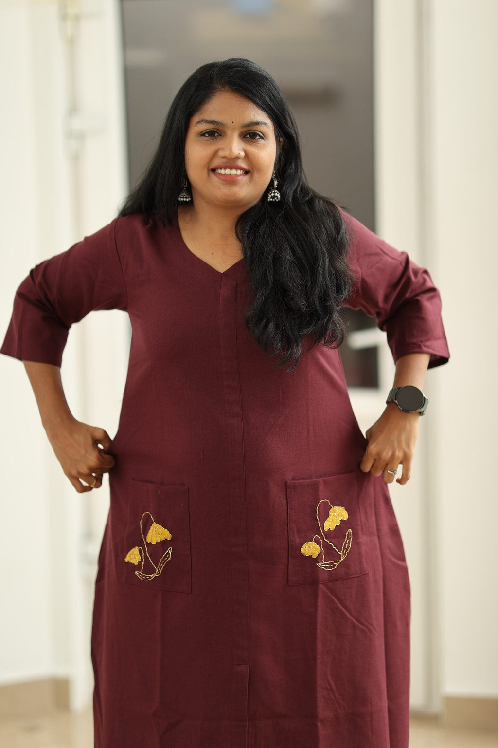 Maroon Hand-Embroidered Floral 30+ Women Everyday Office Kurta (Top Only) | MAGI0013