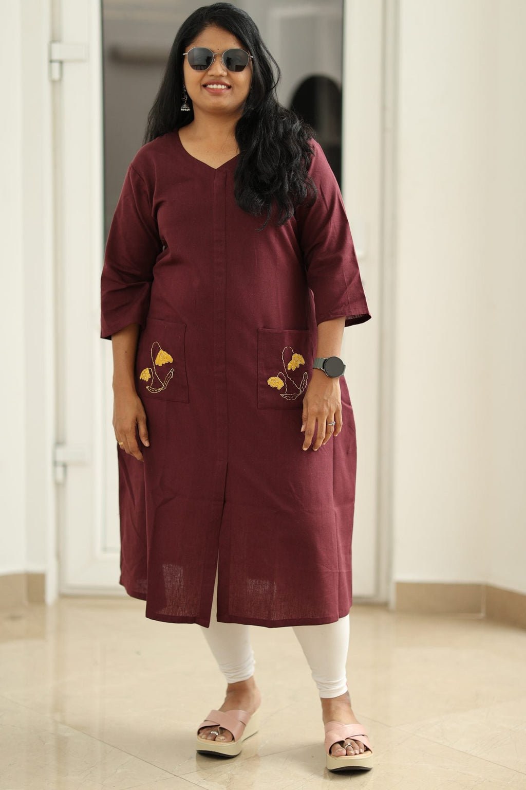Maroon Hand-Embroidered Floral 30+ Women Everyday Office Kurta (Top Only) | MAGI0013