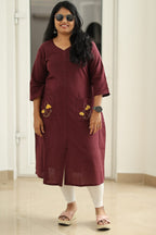 Maroon Hand-Embroidered Floral 30+ Women Everyday Office Kurta (Top Only) | MAGI0013
