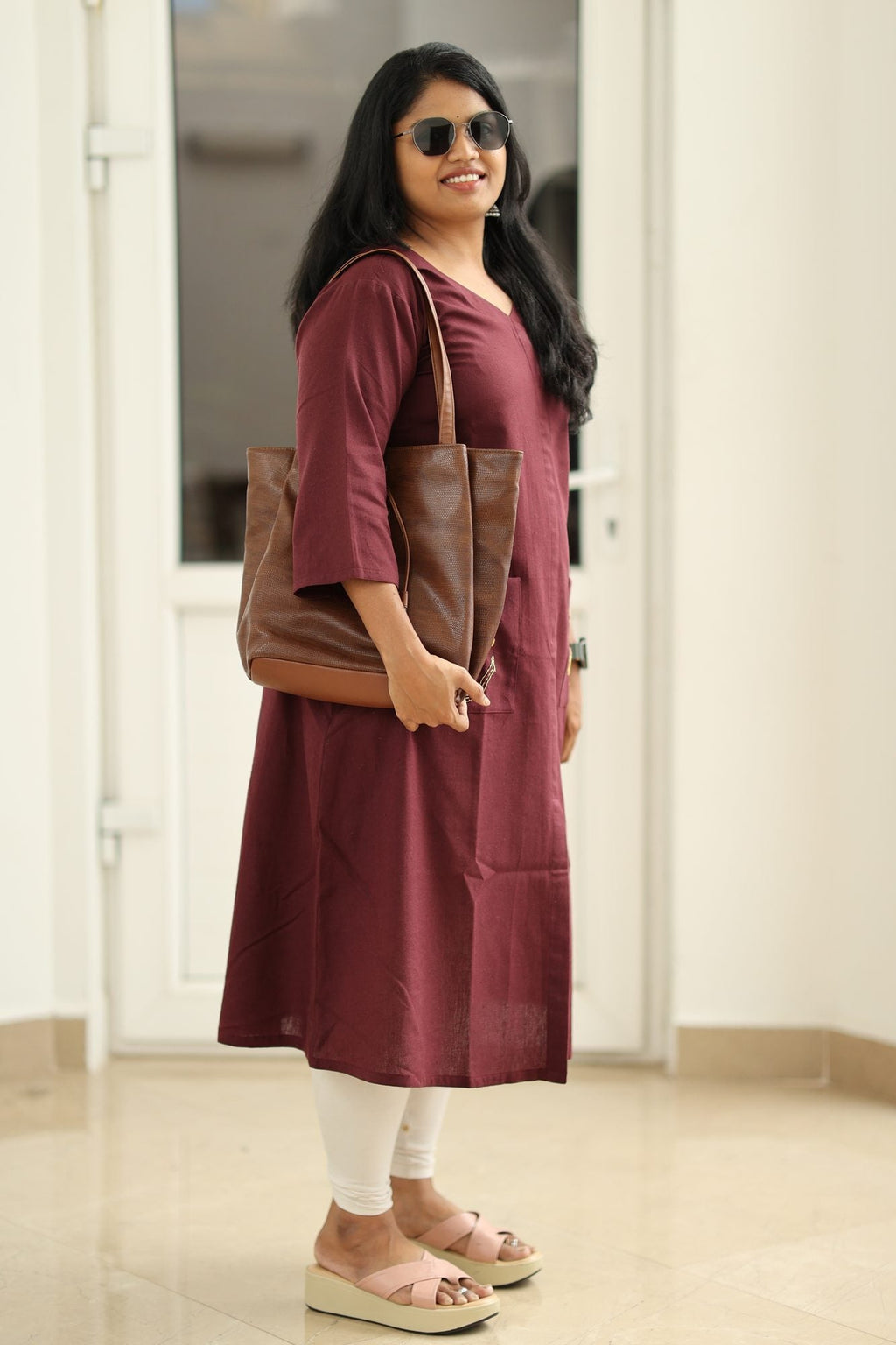 Maroon Hand-Embroidered Floral 30+ Women Everyday Office Kurta (Top Only) | MAGI0013