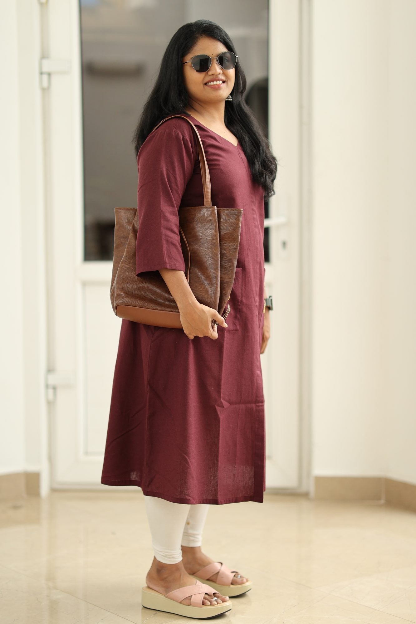 Maroon Hand-Embroidered Floral 30+ Women Everyday Office Kurta (Top Only) | MAGI0013