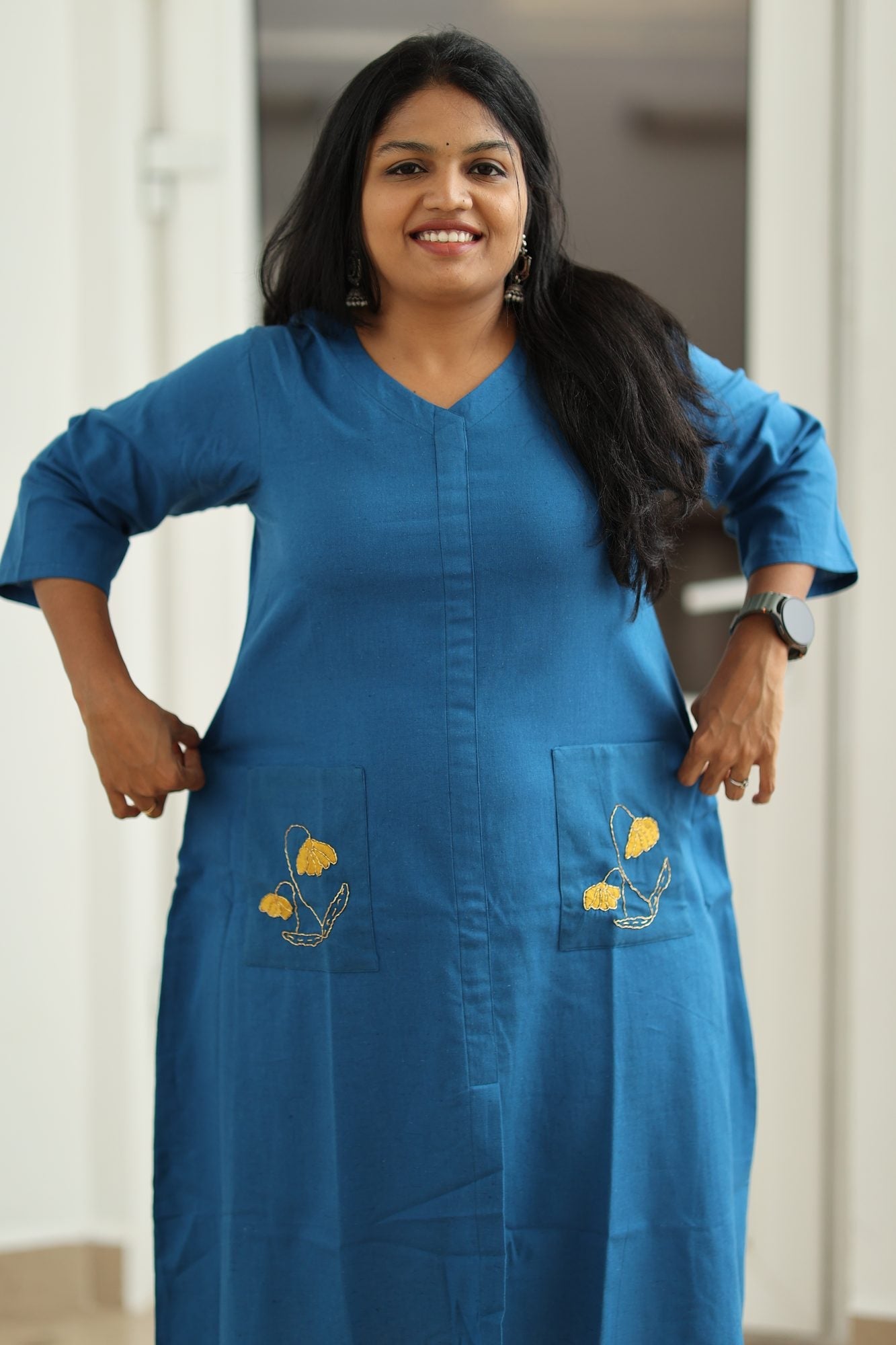 Teal Blue Hand-Embroidered Floral 30+ Women Everyday Office Kurta (Top Only) | MAGI0014