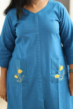 Teal Blue Hand-Embroidered Floral 30+ Women Everyday Office Kurta (Top Only) | MAGI0014