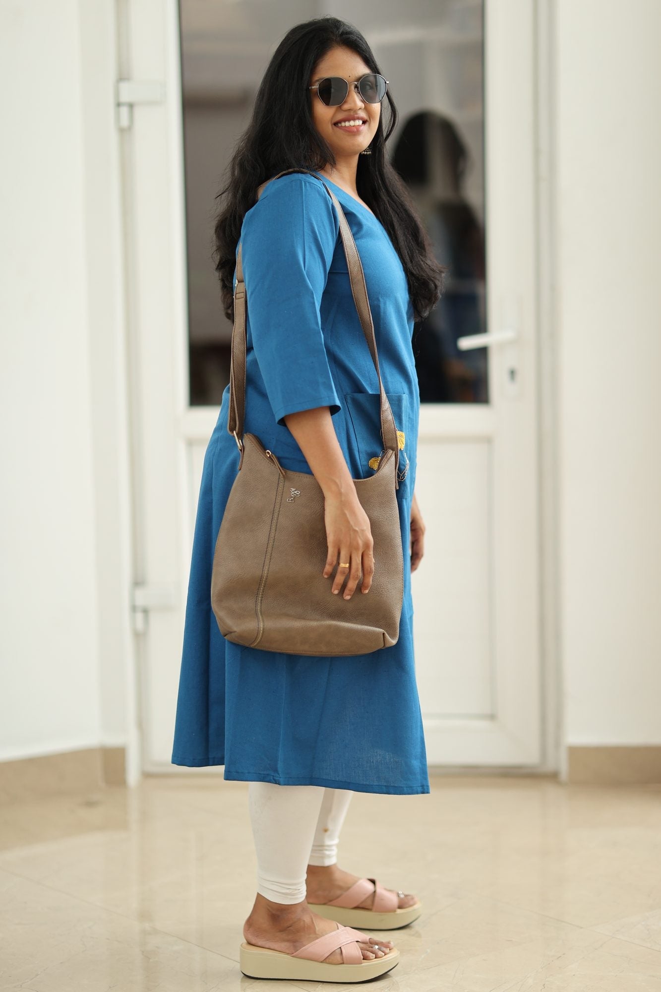 Teal Blue Hand-Embroidered Floral 30+ Women Everyday Office Kurta (Top Only) | MAGI0014