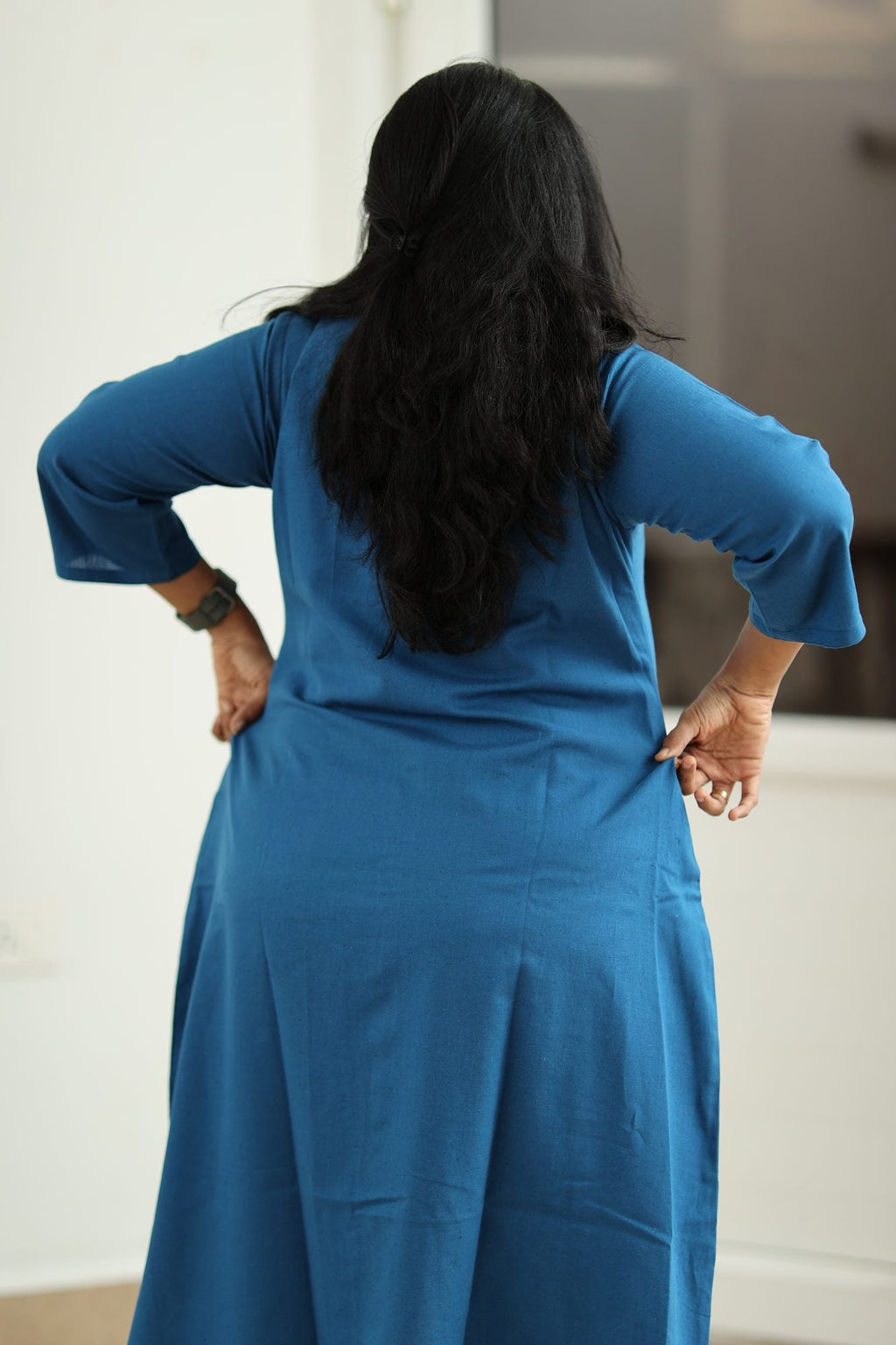 Teal Blue Hand-Embroidered Floral 30+ Women Everyday Office Kurta (Top Only) | MAGI0014