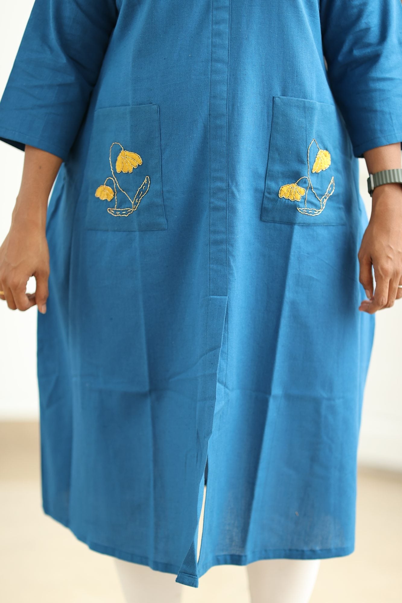 Teal Blue Hand-Embroidered Floral 30+ Women Everyday Office Kurta (Top Only) | MAGI0014
