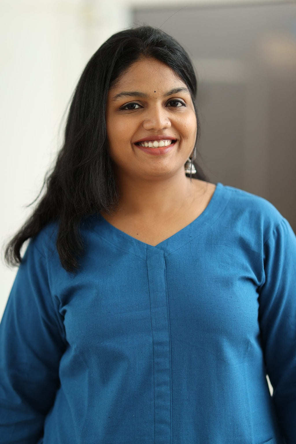 Teal Blue Hand-Embroidered Floral 30+ Women Everyday Office Kurta (Top Only) | MAGI0014