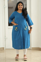 Teal Blue Hand-Embroidered Floral 30+ Women Everyday Office Kurta (Top Only) | MAGI0014
