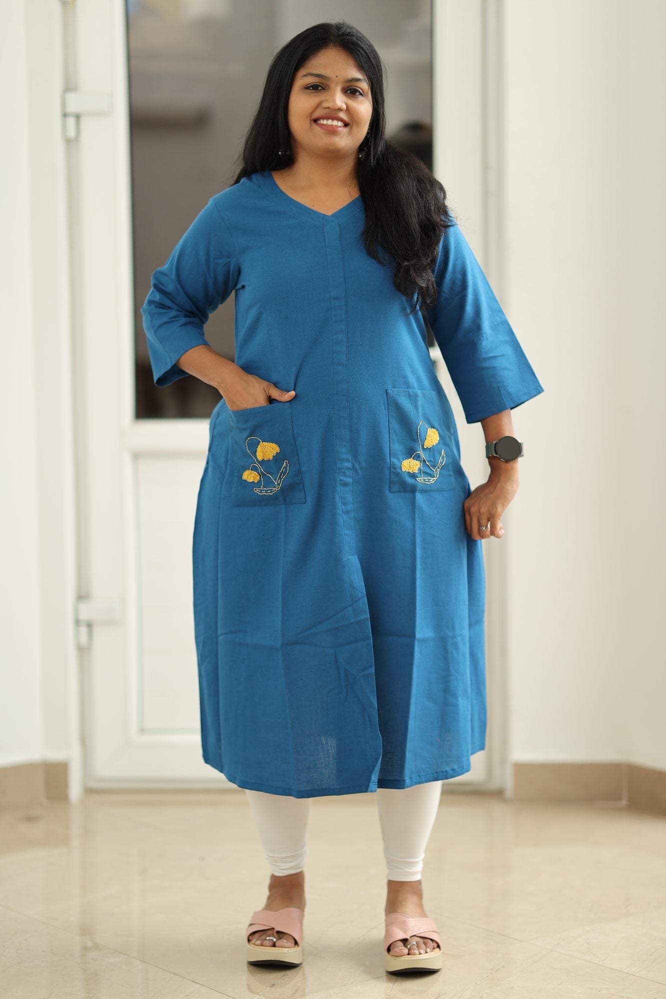 Teal Blue Hand-Embroidered Floral 30+ Women Everyday Office Kurta (Top Only) | MAGI0014