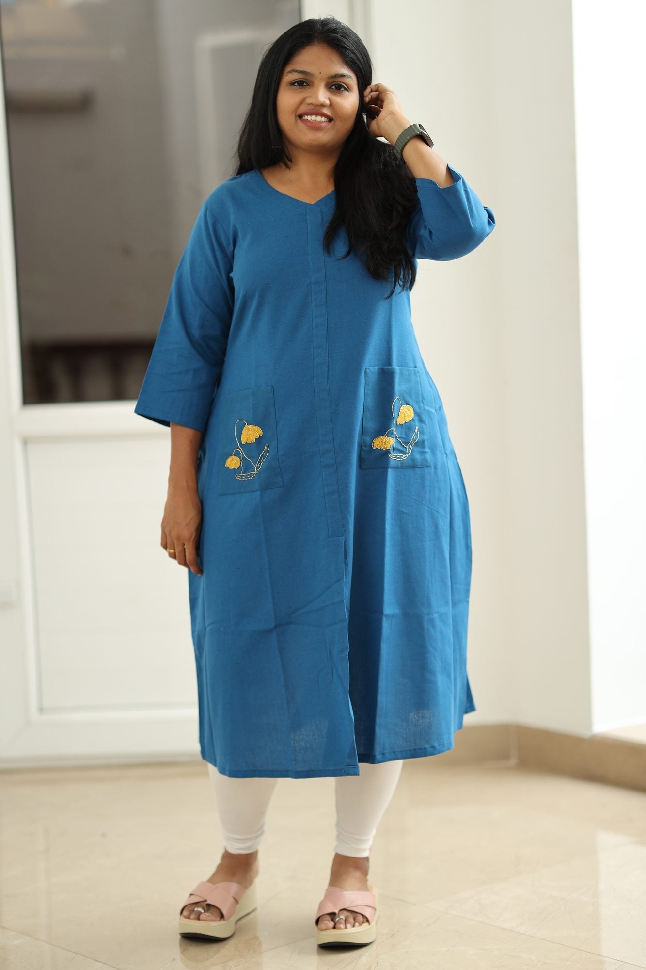 Teal Blue Hand-Embroidered Floral 30+ Women Everyday Office Kurta (Top Only) | MAGI0014